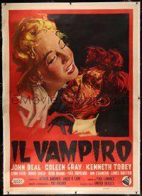 8c0063 VAMPIRE linen Italian 2p 1959 best different art of monster John Beal attacking victim!
