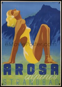 8c0032 AROSA ALPINES STRANDBAD linen 36x50 Swiss travel poster 1933 Weiskonig art of sexy lady, rare!