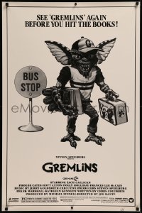 8d0064 GREMLINS 1sh 1984 Joe Dante comedy, art of Stripe at bus stop going to school, ultra rare!