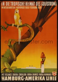 8d0011 HAMBURG AMERICA LINE Golfstroms 33x47 German travel poster 1938 Fuss art of parrot & ship!