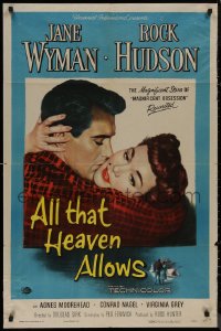 8f0505 ALL THAT HEAVEN ALLOWS 1sh 1955 close up romantic art of Rock Hudson kissing Jane Wyman!