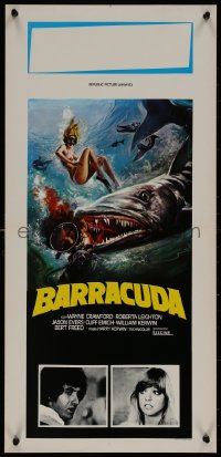 8j1044 BARRACUDA Italian locandina 1978 artwork of huge killer fish attacking sexy diver in bikini!
