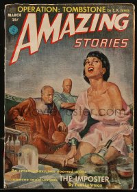 8m0028 AMAZING STORIES pulp magazine March 1953 Operation Tombstone, The Impostor, Harris Levey art!