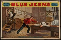 8p0115 BLUE JEANS 28x42 stage poster 1890 stone litho of man about to be bisected by sawblade!