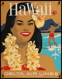 8p0028 DELTA AIR LINES HAWAII 22x28 travel poster 1960s John Hardy art of sexy woman and a surfer!