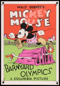 8y0048 BARNYARD OLYMPICS 21x31 art print 1980s art of Mickey Mouse jumping over chicken coop!