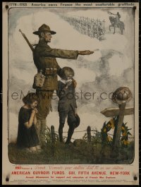8y0101 AMERICAN OUVROIR FUNDS 24x32 French WWI war poster 1918 Jonas art of soldier & kids by grave!