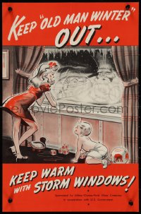 9f0079 KEEP OLD MAN WINTER OUT 13x20 WWII war poster 1940s Old Man Winter outside and kids inside!