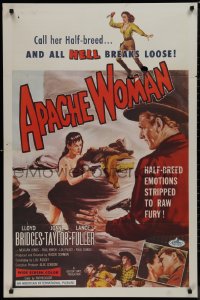 9k0619 APACHE WOMAN 1sh 1955 art of naked cowgirl in water pointing gun at Lloyd Bridges!