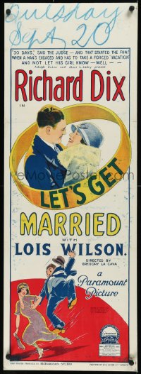 9k0005 LET'S GET MARRIED long Aust daybill 1926 Richard Dix, Richardson Studio stone litho, rare!