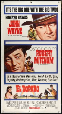 9m0032 EL DORADO linen 3sh 1966 John Wayne, Robert Mitchum, Howard Hawks, the big one w/ the big two!