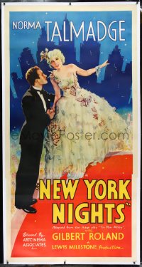 9m0044 NEW YORK NIGHTS linen signed 3sh R1938 by Lewis Milestone, art of Norma Talmadge & Roland, rare!