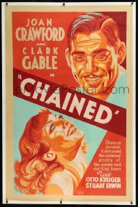 9m0012 CHAINED linen 40x60 1934 cool different art of Joan Crawford & Clark Gable, ultra rare!