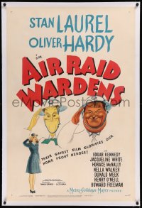 9m0436 AIR RAID WARDENS linen 1sh 1943 great Hirschfeld art of Stan Laurel & Oliver Hardy saluting!