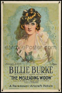 9m0654 MISLEADING WIDOW linen 1sh 1919 stone litho of beautiful young Billie Burke, ultra rare!