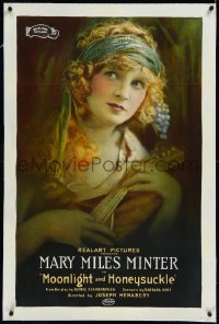 9m0657 MOONLIGHT & HONEYSUCKLE linen 1sh 1921 art of pretty Mary Miles Minter w/guitar, ultra rare!