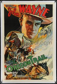 9m0682 OREGON TRAIL linen 1sh 1936 incredible art of cowboy John Wayne over covered wagon, very rare!
