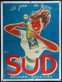 9m0063 SUD linen 45x61 French advertising poster 1950s great Bellenger art of girl with soda, rare!