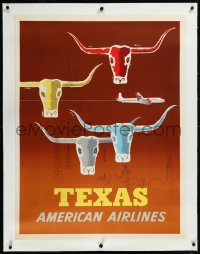 9m0203 AMERICAN AIRLINES TEXAS linen 30x40 travel poster 1953 Glanzman art of steers & oil field!