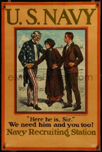 9m0223 WE NEED HIM & YOU TOO linen 26x40 WWI war poster 1910s Charles Dana Gibson art of Uncle Sam!