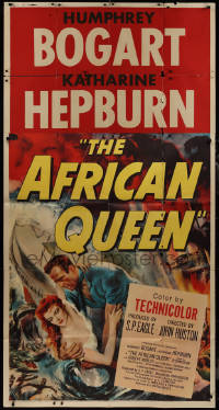 9p0183 AFRICAN QUEEN 3sh 1952 great colorful art of Humphrey Bogart & Katharine Hepburn, ultra rare!