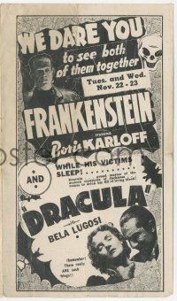 9p0046 DRACULA/FRANKENSTEIN  herald 1938 Boris Karloff & Bela Lugosi horror double-bill, ultra rare!