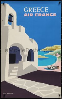 9r0439 AIR FRANCE GREECE 24x39 French travel poster 1959 Guy George art of harbor, ultra rare!
