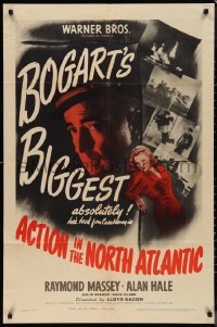 9t1136 ACTION IN THE NORTH ATLANTIC 1sh 1943 great close up of Humphrey Bogart + sexy Julie Bishop!