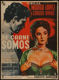 9t0025 DE CARNE SOMOS Mexican poster 1955 artwork of sexy Marga Lopez pulling her shirt open!