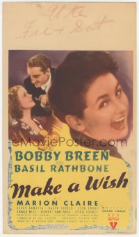 9t0013 MAKE A WISH mini WC 1937 young singer Bobby Breen, Basil Rathbone & Marion Claire, rare!