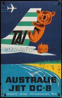 9w0013 TAI AUSTRALIE 24x39 French travel poster 1960s Seguin art of cute koala on airplane's tail!