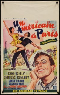 9z0289 AMERICAN IN PARIS Belgian 1951 art of Gene Kelly dancing with sexy Leslie Caron by Wik!