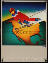 9z0139 1980 OLYMPIC GAMES 18x24 special poster 1979 art of skier over North America, Levi's tie-in!
