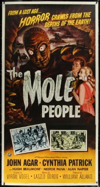 1a0018 MOLE PEOPLE linen 3sh 1956 Smith art of the horror crawling from depths of the Earth, rare!