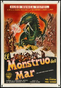 1a0046 BEAST FROM 20,000 FATHOMS linen Argentinean 1953 Ray Bradbury, art of rampaging monster, rare!