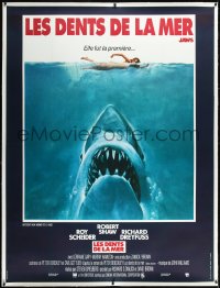 1a0006 JAWS linen French 1p 1975 art of Steven Spielberg's classic shark attacking naked swimmer!