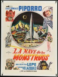 1a0042 LA NAVE DE LOS MONSTRUOS linen Mexican poster 1959 cool art of aliens & spaceship, ultra rare!