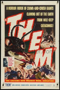 1a1372 THEM 1sh 1954 classic sci-fi, cool art of horror horde of giant bugs terrorizing people!