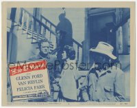 1b1922 3:10 TO YUMA LC #6 1957 Glenn Ford, Van Heflin & Felicia Farr by stairs, Elmore Leonard!