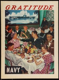 1b0021 GRATITUDE 14x19 war poster 1959 Tom Schenk art of Navy sailors dining with their families!