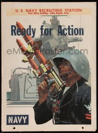 1b0022 READY FOR ACTION 14x19 war poster 1960s Lou Nolan art of soldier & missiles on warship!