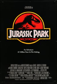 1c1236 JURASSIC PARK DS 1sh 1993 Steven Spielberg, classic logo with T-Rex over red background