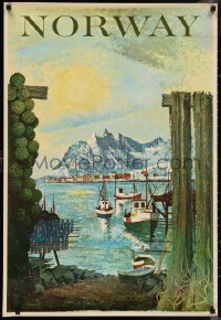 1c0012 NORWAY 26x38 Norwegian travel poster 1970s great art of fishing boats in fjord!