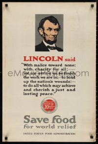 1c0051 SAVE FOOD FOR WORLD RELIEF 20x30 WWI war poster 1910s President Abraham Lincoln quote!