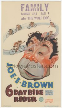 1f0003 6 DAY BIKE RIDER mini WC 1934 art of Joe E. Brown & ladies on bicycles around his head, rare!
