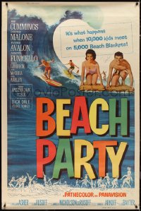 1g0046 BEACH PARTY signed 40x60 1963 by Frankie Avalon, who is riding a wave with Annette Funicello!