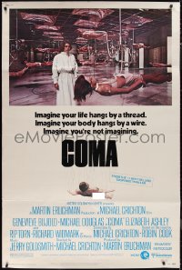 1g0049 COMA 40x60 1977 Genevieve Bujold finds room full of coma patients in special harnesses!