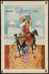 1g0430 AKBER'S LAHORE FORT 24x36 Pakistani travel poster 1960s cool art of man on horse w/ servants!