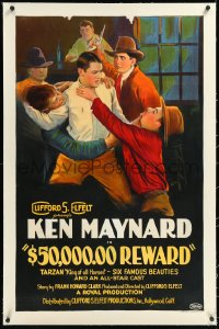 1h0885 $50,000 REWARD linen 1sh 1924 art of Ken Maynard attacked by four guys at once, ultra rare!