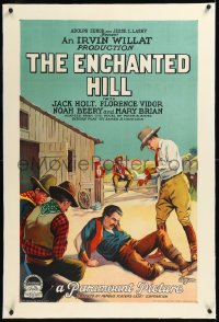 1h1053 ENCHANTED HILL linen 1sh 1926 great art of cowboy Jack Holt by fallen man, ultra rare!
